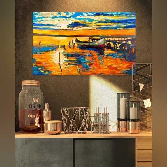 DESIGN ART Designart Boat And Jetty At Sunset Landscape Art Print Canvas - 32" X - Picture 1 of 3